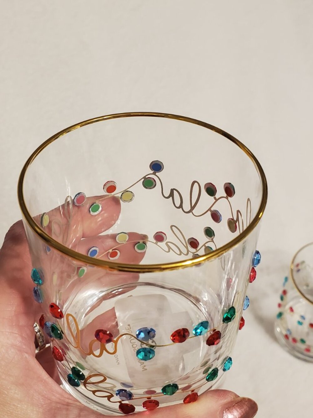 Mary Square Rhinestone Lights Rocks Glass Set -Gold Rim Brand New! Great Gift! - Picture 6 of 14